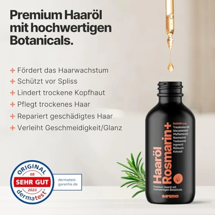 IMPERIO Haaröl Rosmarin+, 60ml - 100% natürliche Haarpflege gegen Haarausfall, mit Rosmarinöl und hochwertigen Ölen zur Anregung des Haarwachstums für Kopfhaut & Bart, ohne Zusätze – Bild 2