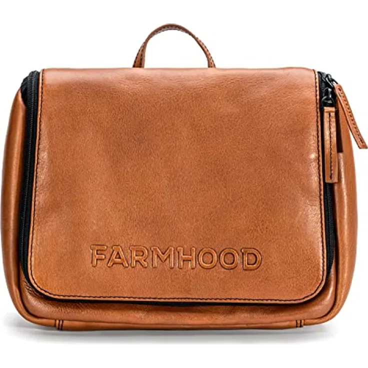 FARMHOOD Memphis Damen/Herren großer Leder Kulturbeutel | viele Fächer mit Reißverschluss | Kosmetiktasche 27 cm