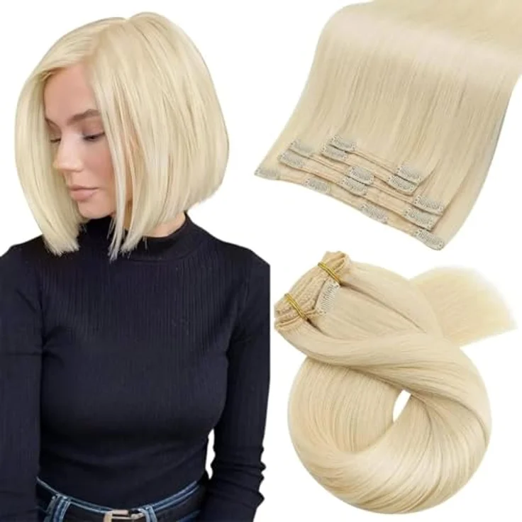 Moresoo Clip in Extensions Echthaar, 80g Platinblond, 25 cm, 5 Stück, langlebig und leicht zu tragen – Bild 1
