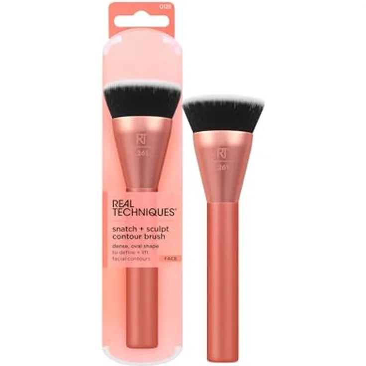 Real Techniques Snatch + Sculpt Contour Makeup Brush, For Liquid & Cream Contour & Bronzer, Flat Top & Oval Head For Blending & Buffing, Dense, Synthetic Bristles, Vegan & Cruelty Free, 1 Count