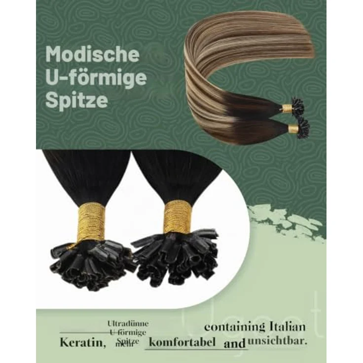 Ugeat Echthaar Bondings Extensions, Ombre Braun Blond, 45 cm, 50 Strähnen, Remy-Haar, U Tip Keratin-Bond – Bild 2