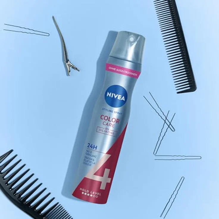 NIVEA Color Care Styling Spray, stärkendes Haarspray mit Panthenol & Vitamin B3, Haarlack für strahlenden Farbglanz & 24h Halt, veganes Pflegespray für gefärbte Haare, 250 ml – Bild 5