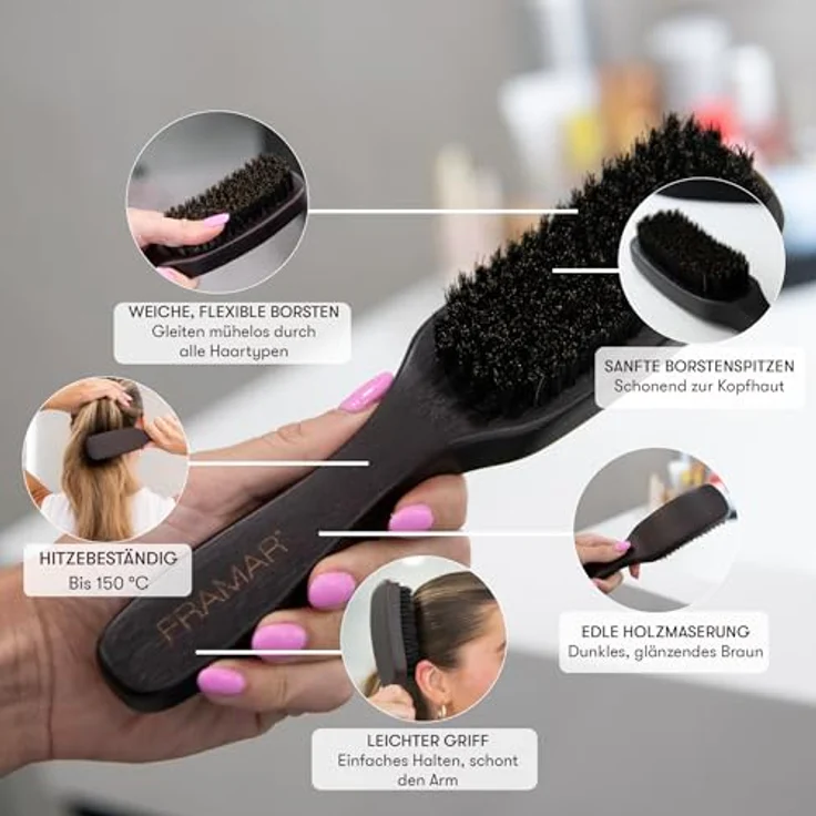 FRAMAR Sleek Bürste Wildschweinborsten, Haarbürste für Volumen und Glanz, brauner Samt – Bild 3