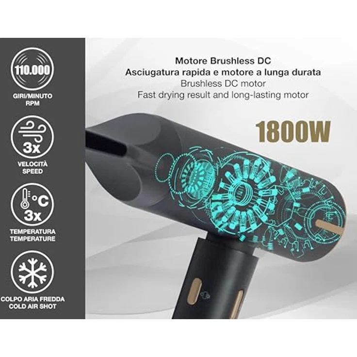 BEPER P301ASC010 Bürstenloser Haartrockner, 1800W, 3 Geschwindigkeiten, 3 Temperaturen, LED-Temperaturanzeige, selbstreinigendes Gitter, Schwarz, inkl. magnetischem Zubehör – Bild 2