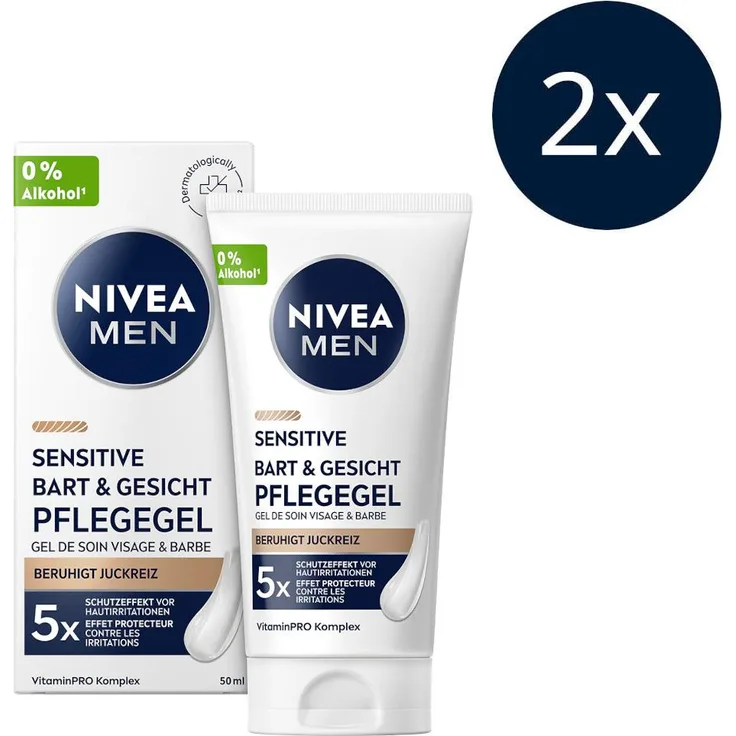 NIVEA MEN Sensitive Bart & Gesichtspflege Gel, 2x 50ml, 48-Stunden-Feuchtigkeit