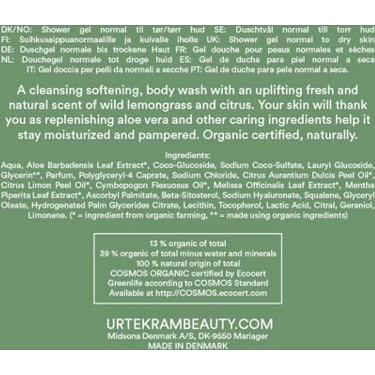 Urtekram Wild Lemongrass, Body Wash 500ml - milde Waschlotion, belebt & pflegt die Haut, 100% vegan (Veganblume) – Bild 2