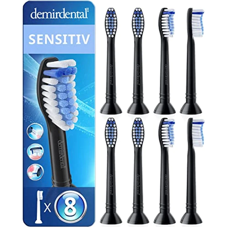 demirdental 8er Sensitive Aufsätze passend für Philips Sonicare, Weiche Bürstenköpfe für sensible Zähne, Schwarz, entspricht HX6058b – Bild 1
