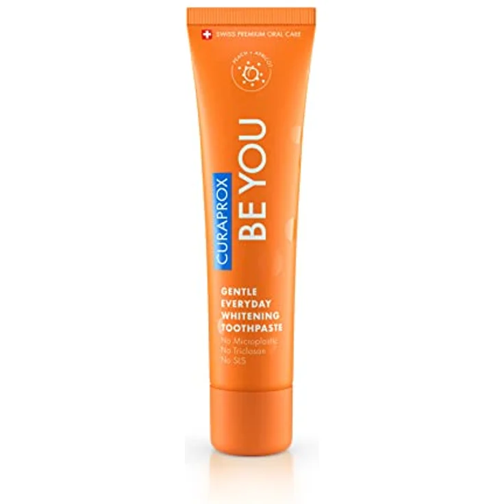 Curaprox Be You Pfirsich Whitening-Zahnpasta mit Geschmack von Pfirsich und Aprikose, mit Menthol, vegan, 950 ppm Fluorid, RDA 50, orange, 60 ml – Bild 1