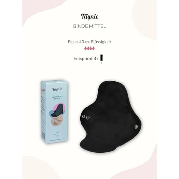 Taynie Waschbare Binde mittel, Bio-Baumwolle, wiederverwendbare Damenbinden, saugstarke Slipeinlagen, schwarz – Bild 4