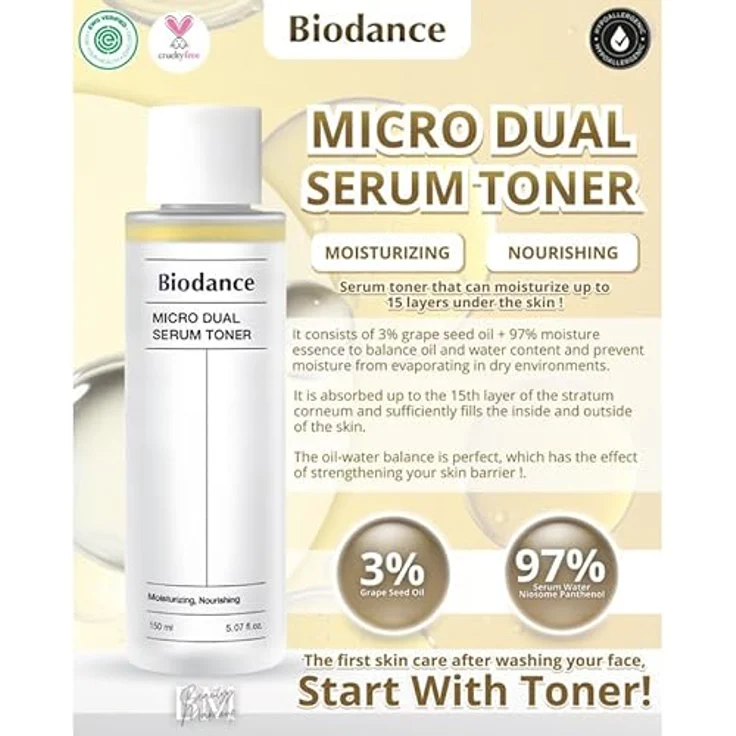 Biodance Micro Dual Serum Toner, 150 ml Gesichtstonikum für feuchtigkeitsspendende zwei-Phasen-Hautpflege, beruhigt und tonisiert – Bild 3