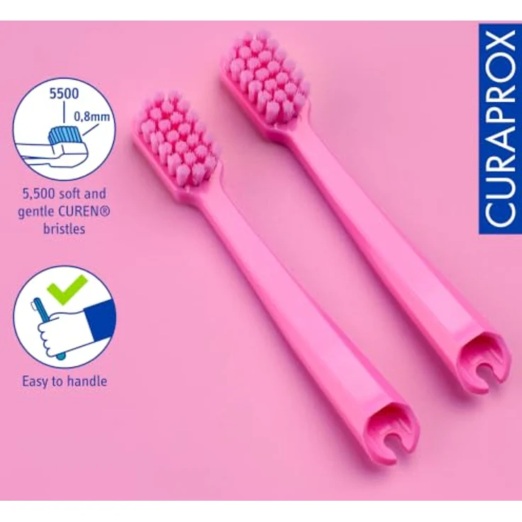Curaprox Kids Travel Refill, Ersatzköpfe für Kinderzahnbürsten, pink, 2er Pack mit feinen Borsten und lustigem Design – Bild 3