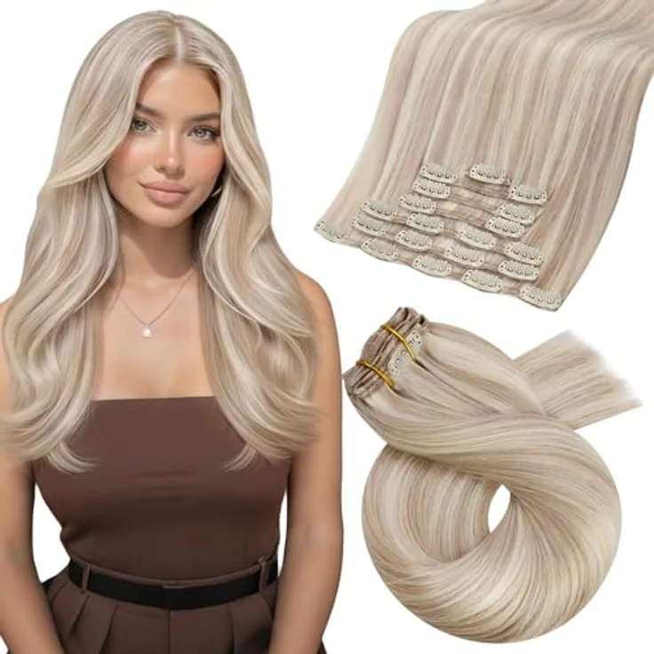 Moresoo Clip in Extensions Echthaar, 50 cm, 120g, #18/613 Aschblond mit Platinblond, langlebig und leicht zu tragen – Bild 1