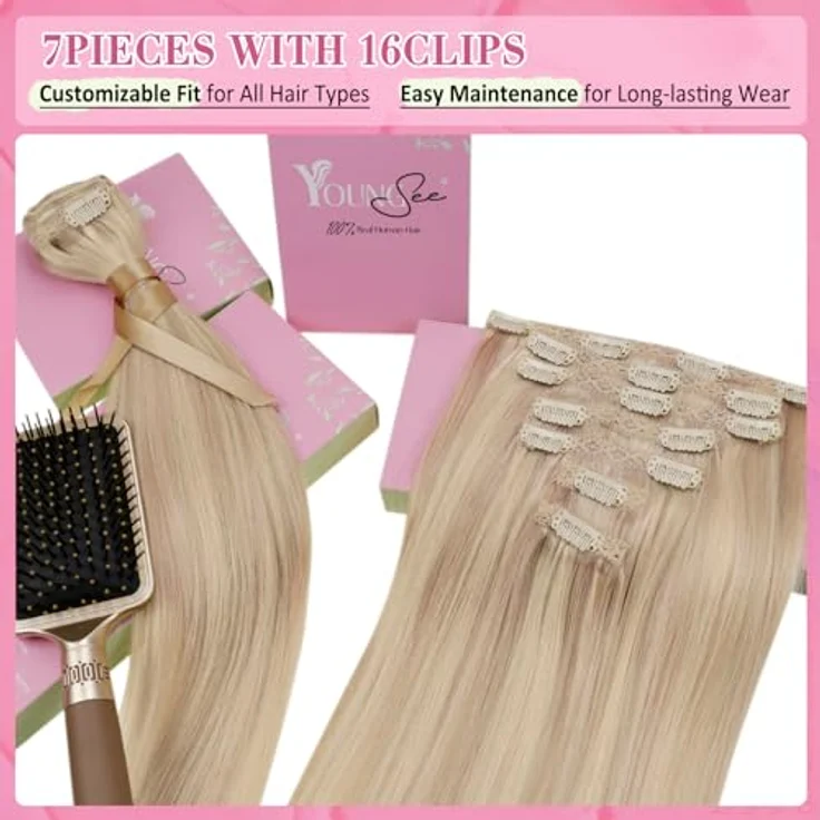 YoungSee Echthaar Extensions Clip 55 cm, Aschblond mit Erdbeerblond Clips, 120g Haarverlängerungen, optimale Gewichtsverteilung, hitzebeständig bis 180 °C – Bild 4