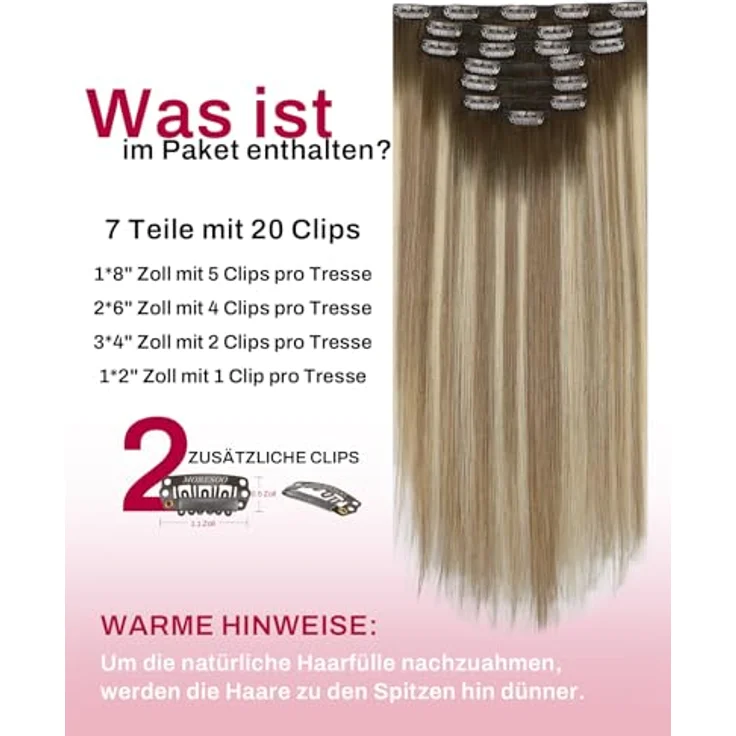 Moresoo Clip In Extensions Echthaar 45 cm, Nahtlos und Seidig Glatt, Balayage Braun Kastanienbraun Mittelblond, 7 Stück, 120 g Voluminös Remy für Hochzeit und Alltag #3/8/22 – Bild 3