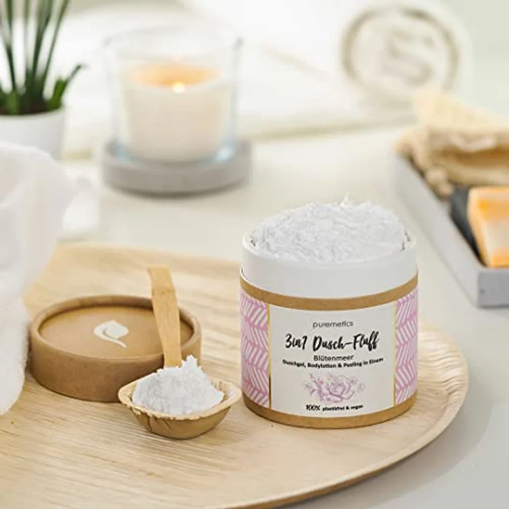 puremetics 3in1 Dusch-Fluff 250 g Duschgel Peeling und Lotion in Einem 100% vegan & plastikfrei pflegend hautverfeinernd & glättend – Bild 4