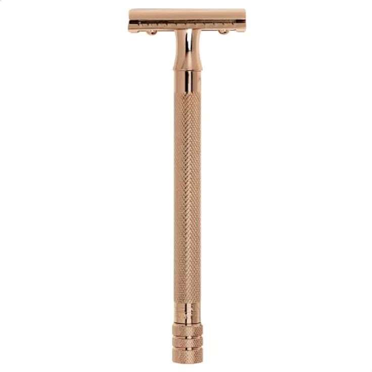 MERKUR Rasierer 24G | Unisex Rasierhobel PVD Gold | Dreiteiliger Rasierer in PVD Roségold mit geradem Schnitt | Geschlossener Kamm | Ideal für Nassrasur | Messing Griffstück | Made in Germany…