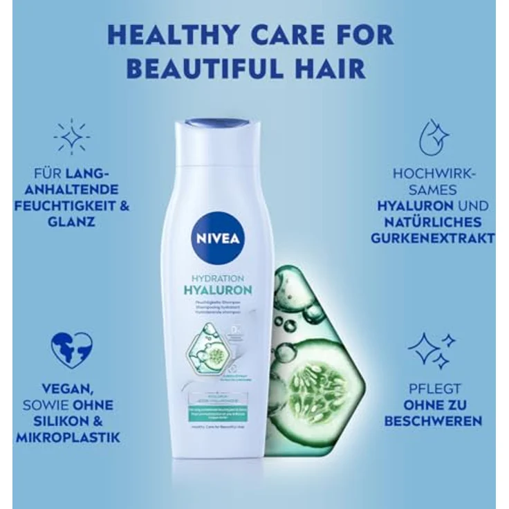NIVEA Hydration Hyaluron Feuchtigkeits-Shampoo, Haarpflege für trockenes Haar mit Hyaluron, veganes Haarshampoo ohne Silikone für natürlichen Glanz (250 ml) – Bild 2