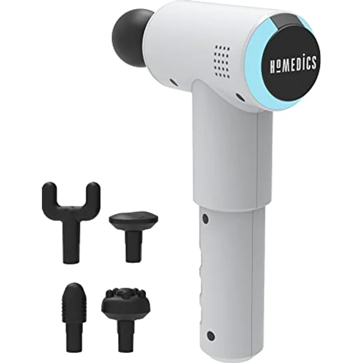 HoMedics Massage Gun Massagepistole Tragbares Physiotherapie-Massagegerät, professionelle Physio-Tiefenmassage, Perkussionsmassage für die Muskeln, 5 Massageköpfe, kabellos, wiederaufladbar Weiß – Bild 2