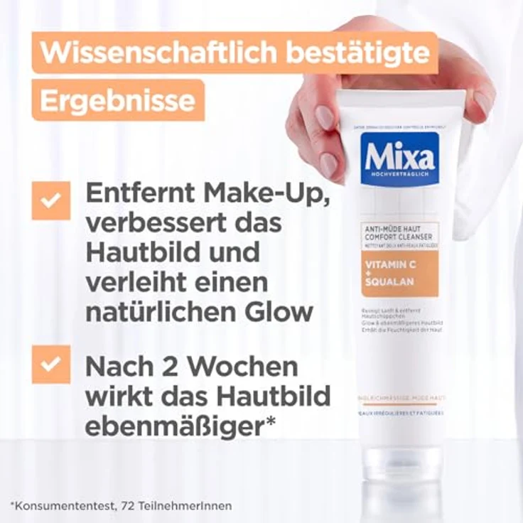 Mixa Anti-Müde Haut Comfort Cleanser, Beruhigend, Ebenmäßigere Haut, Mit Vitamin C und Squalan, Hypoallergen, 150 ml – Bild 5