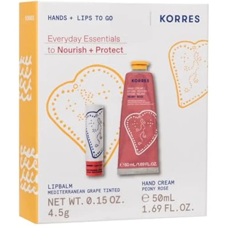 KORRES EVERYDAY ESSENTIALS Hand- und Lippen Pflegeset, Peony Rose Handcreme 50ml & Mediterranean Grape Lip Balm 4,5g, silikon- & parabenfrei, Geschenkset für Frauen