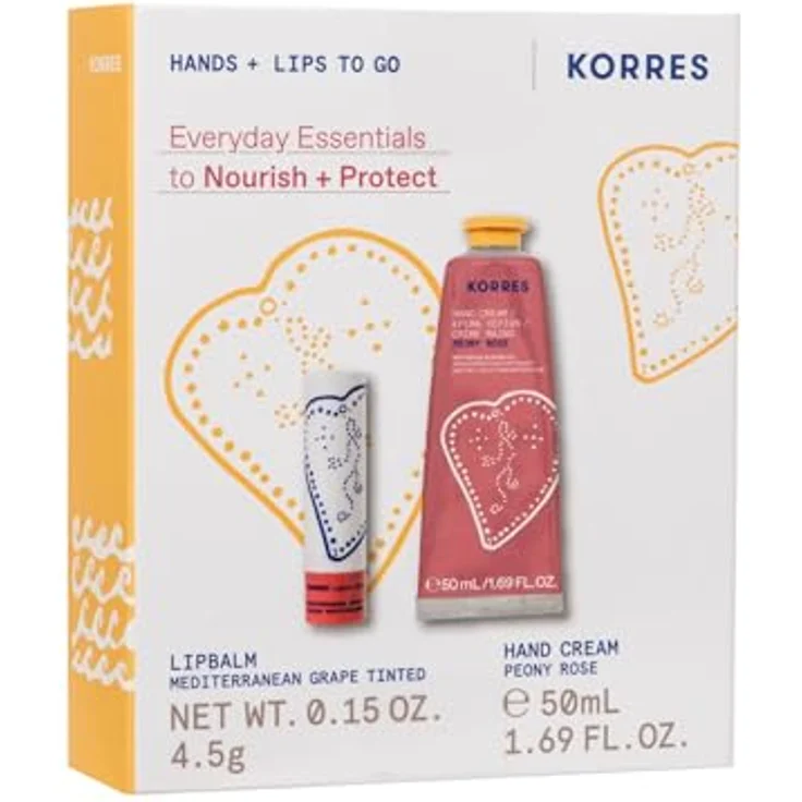 KORRES EVERYDAY ESSENTIALS Hand- und Lippen Pflegeset, Peony Rose Handcreme 50ml & Mediterranean Grape Lip Balm 4,5g, silikon- & parabenfrei, Geschenkset für Frauen – Bild 1