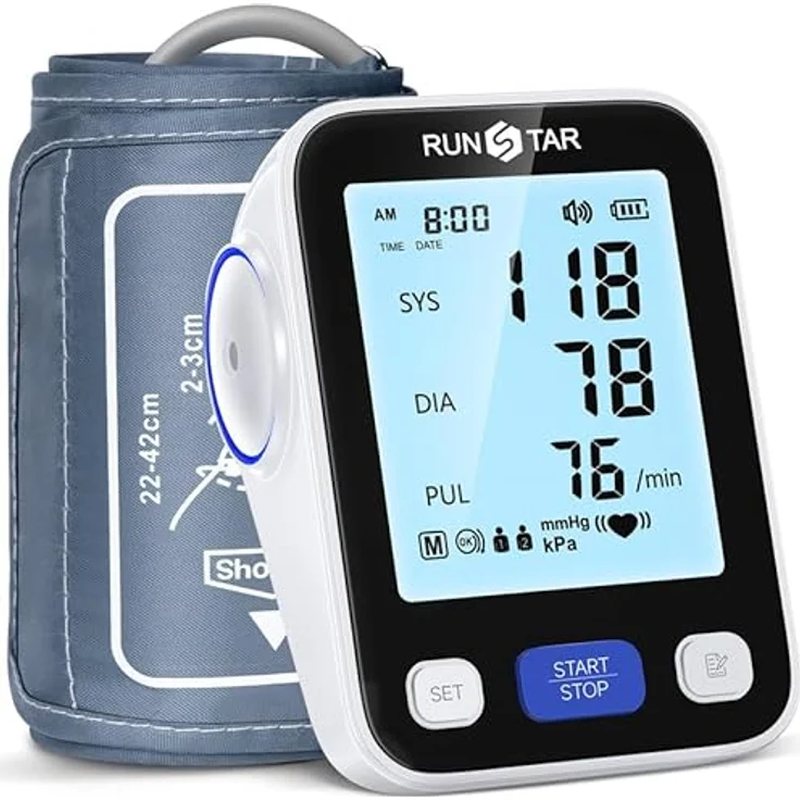 RunStar Blutdruckmessgerät oberarm, automatische digitale Messung mit breiter Manschette (22 cm - 42 cm), Speicher für 2 x 99 Lesewerte, großes LCD-Display und Sprachfunktion – Bild 1