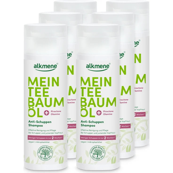 Alkmene Mein Teebaumöl Anti-Schuppen Shampoo, 6x 200 ml, weniger Schuppen in 2 Wochen, vegan, klimaneutral, Piroctone Olamine