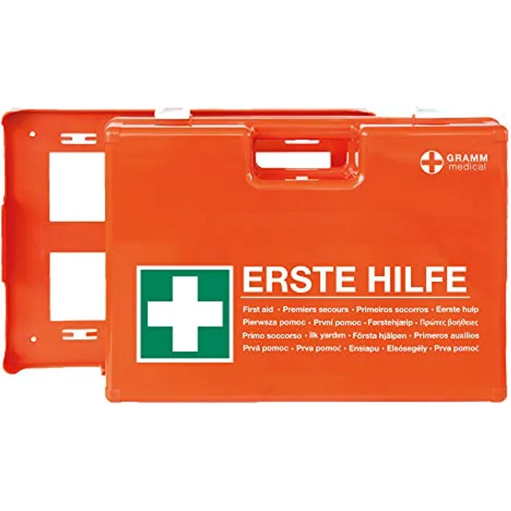 ACTIOMEDIC Mobiler und stationärer Erste-Hilfe-Kasten mit Wandhalterung zur Aufbewahrung, DOMINO DIN 13157:2021 I Hypoallergene Pflaster, mehrsprachig, Visuelle Hilfsmittel, orange, 28 x 12 x 20 cm