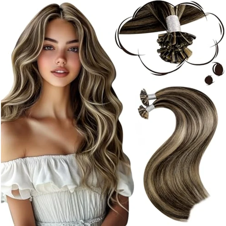 Moresoo U Tip Haarverlängerung 1g Hot Fusion Keratin Extensions, Dunkelbraun mit Karamellblond, 50g, 40 cm Echthaar Remy Pre Bonded – Bild 1