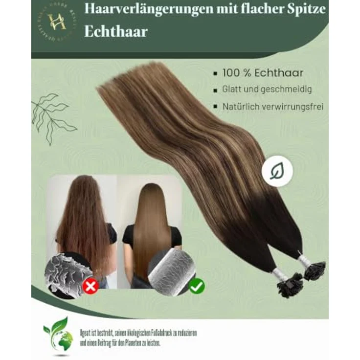 Ugeat Flat Tip Extensions, Keratin Bonding Echthaar Schwarz Ombre Braun, 50 Strähnen, 50g, 50cm – Bild 3