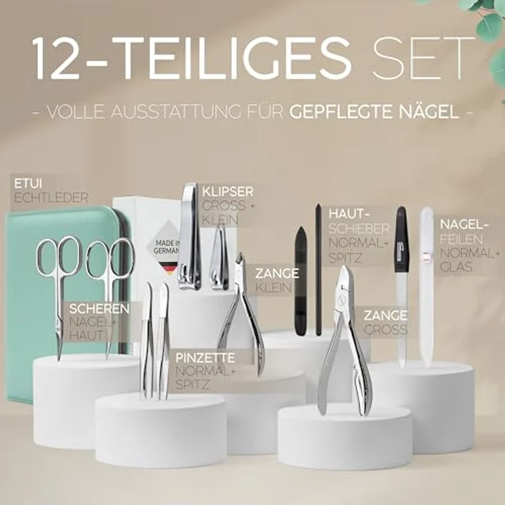 marQus Solingen Maniküre- und Pediküre Set, 12-teiliges Komplett-Kit in mintgrünem Echtleder-Etui für Hand- und Fußpflege – Bild 3