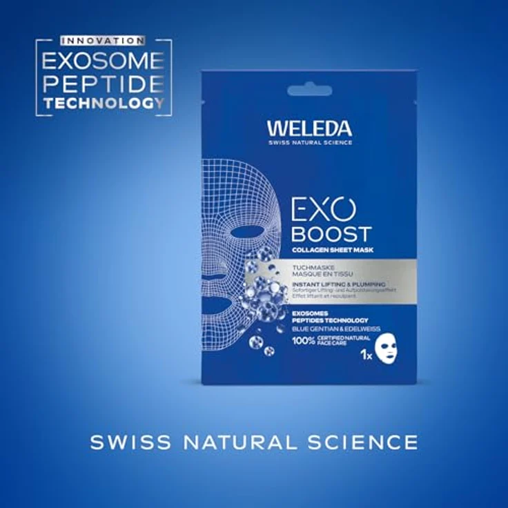 Weleda Bio Exo Boost Collagen Tuchmaske Blauer Enzian – Naturkosmetik Gesichtsmaske mit Collagen+ Active Complex & EXOSOMES PEPTIDES TECHNOLOGY für straffere Haut & Glow, vegan, 20ml – Bild 5