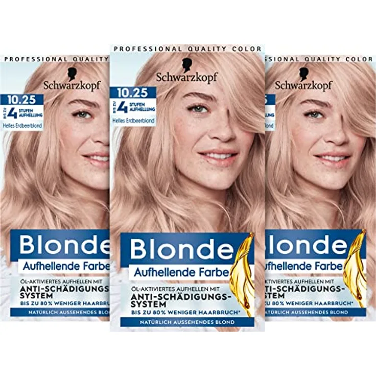 Blonde Aufhellende Farbe 10.25 Helles Erdbeerblond (3 x 142 ml), Haarfärbemittel für Öl-aktiviertes Haare Aufhellen um bis zu 4 Stufen, mit Anti-Schädigungs-System, ohne Gelbstich