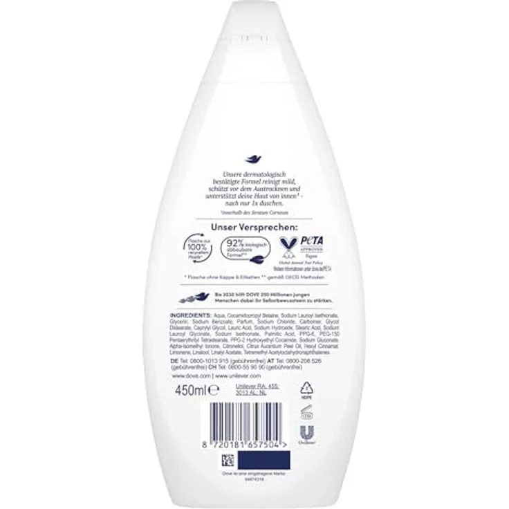 Dove Duschgel Samt-Weich Pflegedusche, dermatologisch bestätigt für weichere Haut, 450 ml, 0% Sulfat SLES, PETA-vegan – Bild 3
