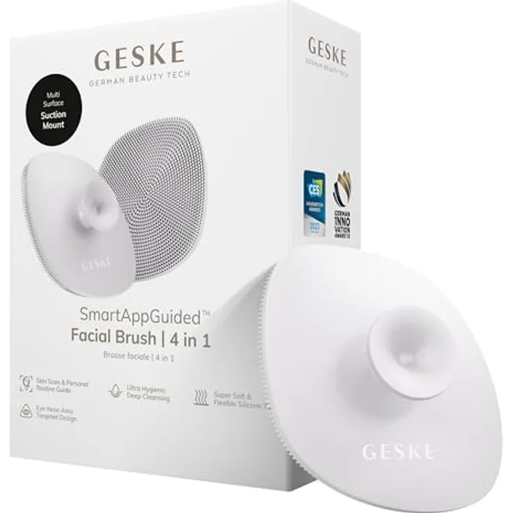 GESKE SmartAppGuided™ Facial Brush 4 in 1, Gesichtsreinigungsbürste mit weicher Silikonbürste und praktischem Griff, professionelle Hautreinigung, inklusive App zur individuellen Skincare Routine