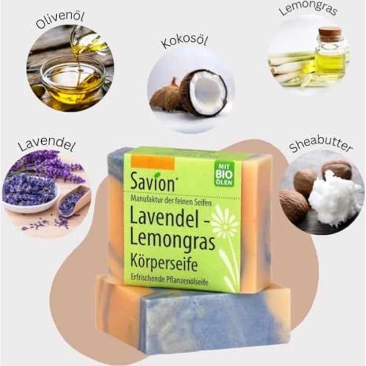 Savion Lavendel-Lemongras Körperseife, Vegan, Palmölfrei, Tierversuchsfrei, 80g – Bild 2