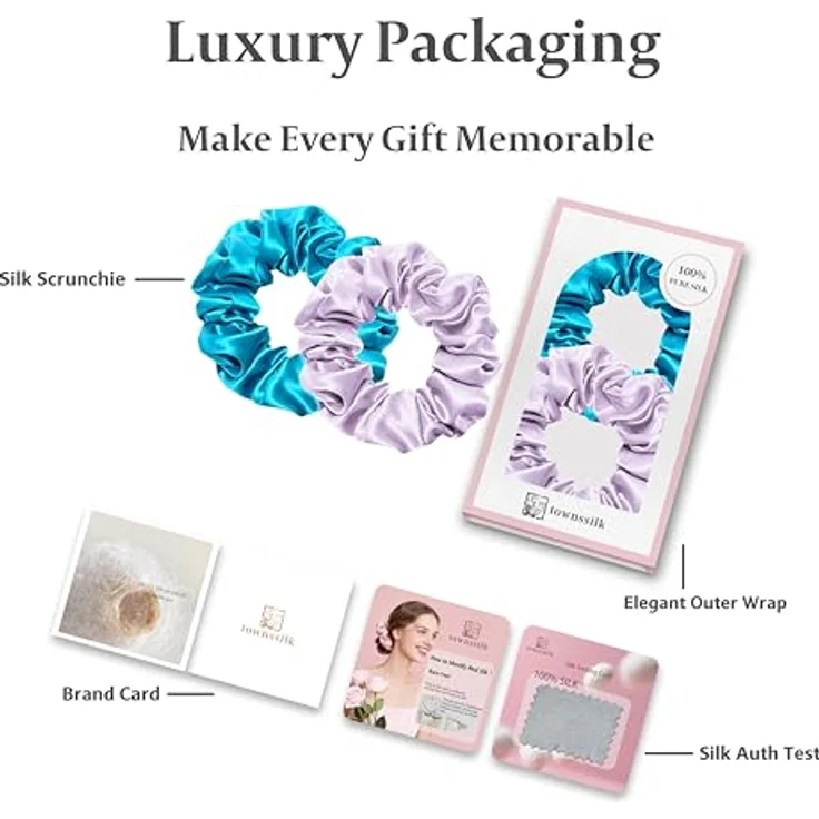 townssilk Seiden Scrunchie 2er-Set, 100% Maulbeerseide 6A/22 Momme, haarschonend und elastisch ohne Abdrücke, Lavender & Bahama Blue – Bild 5