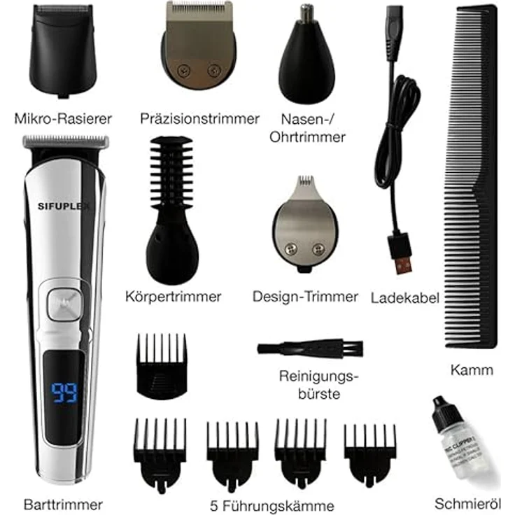 Sifuplex PrimeCut Pro Barttrimmer, Multifunktionstrimmer mit 5 Aufsätzen, Präzisions-Trimmer für Bart & Haare, 180 Minuten Akku, Edelstahl-Präzisionsklingen – Bild 5