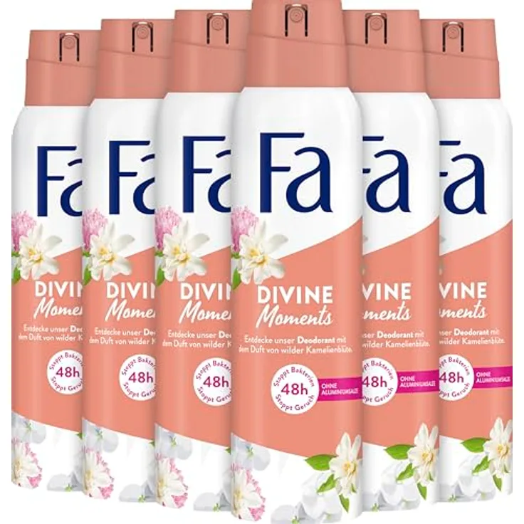 FA Deospray Divine Moments, 6x 150ml, Deodorant mit wilder Kamelienblüte, vegane Formel, 48h Deo-Schutz ohne Aluminiumsalze, stoppt Bakterien