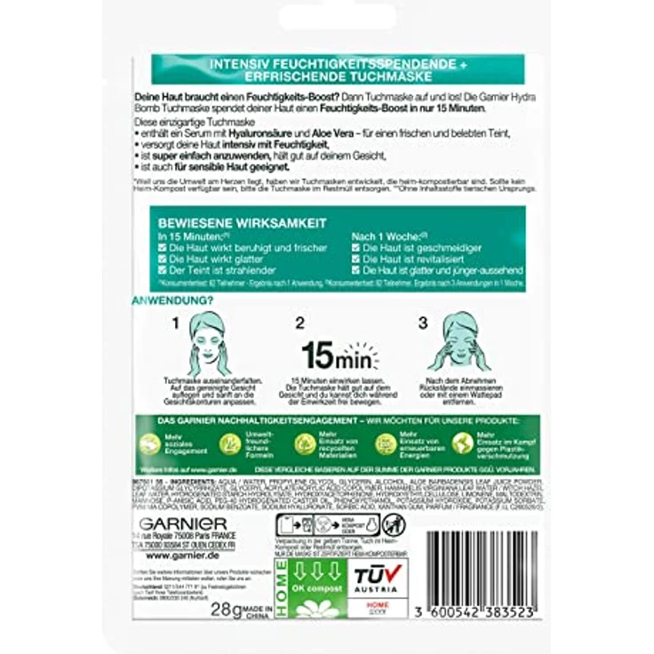 Garnier Tuchmaske, Gesichtsmaske für alle Hauttypen, Erfrischend und feuchtigkeitsspendend, Mit Hyaluronsäure und Aloe Vera, Hydra Bomb, 28 g – Bild 2
