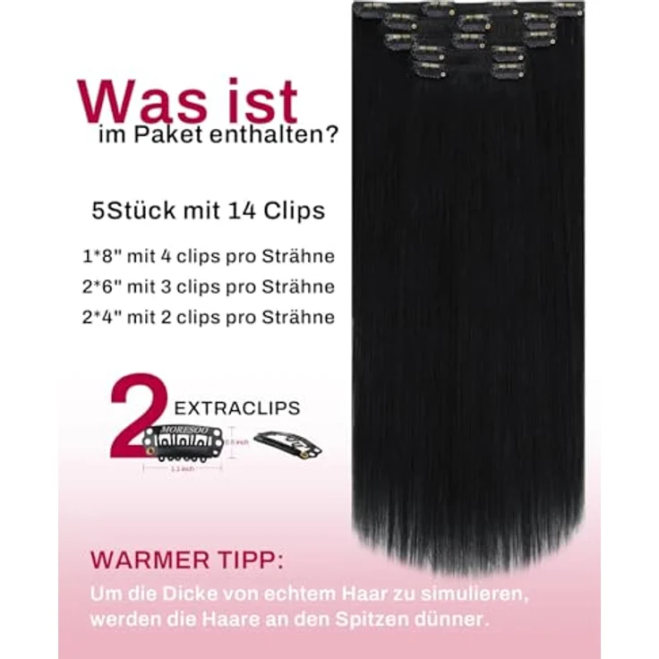Moresoo Clip in Extensions Echthaar Schwarz, 100% Remy Haarverlängerung, doppelt Tressen, 70g, 35 cm, pechschwarz #1 – Bild 3
