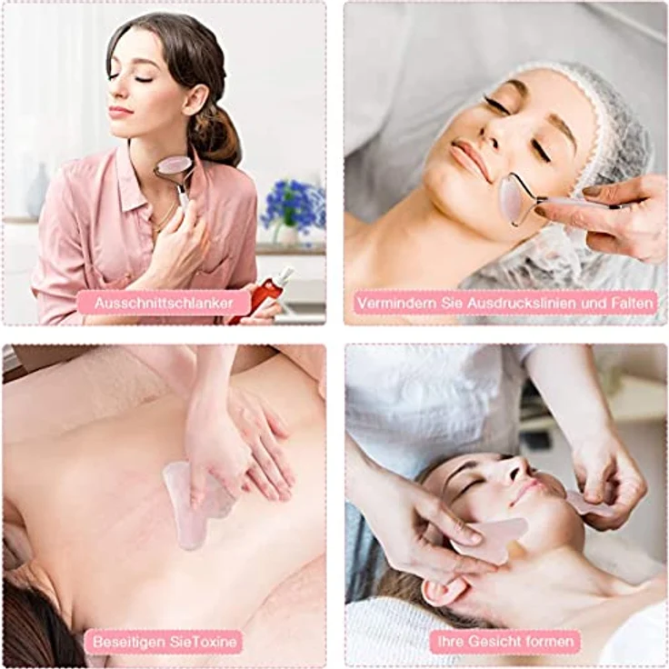 cofi1453 Massageroller & Gua Sha Set, 3-teiliges Beauty-Set aus Rosenquarz, gegen Falten & Schwellungen, fördert Durchblutung, unterstützt Lymphdrainage – Bild 4
