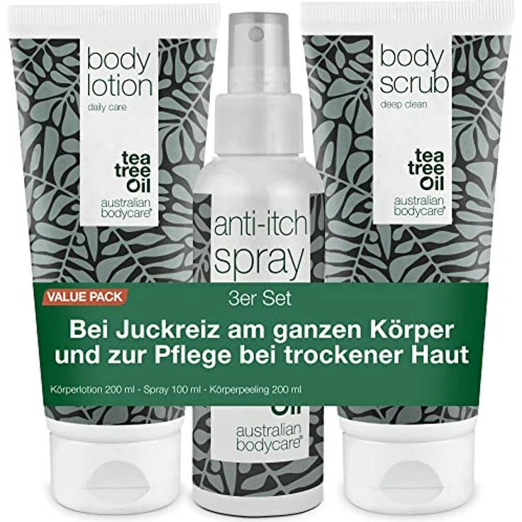 Australian Bodycare 3er-Paket bei Juckreiz am ganzen Körper | Beruhigende Produkte bei gereizter Haut | Pflege bei trockener Haut, Ausschlag und anderen Irritationen | Seife 200 ml, Creme 200 ml und Spray 100 ml – Bild 1