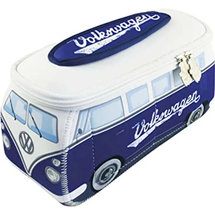 BRISA VW Collection - Volkswagen Neopren Universal-Schmink-Kosmetik-Kultur-Reise-Apotheke-Tasche-Beutel im T1 Bulli Bus Design (Schriftzug/Blau/Groß)