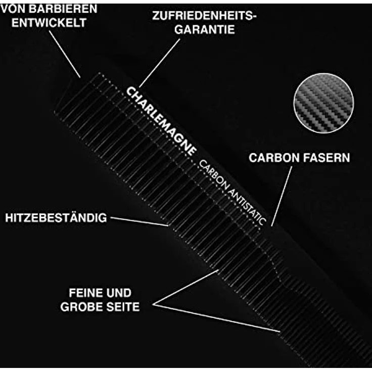 Charlemagne Carbon-Haarkamm, 18 cm Feinzahn, antistatisches Finish, bruchsicherer Herrenkamm, kompakte Größe, ideal für Haar- und Bartstyling – Bild 3