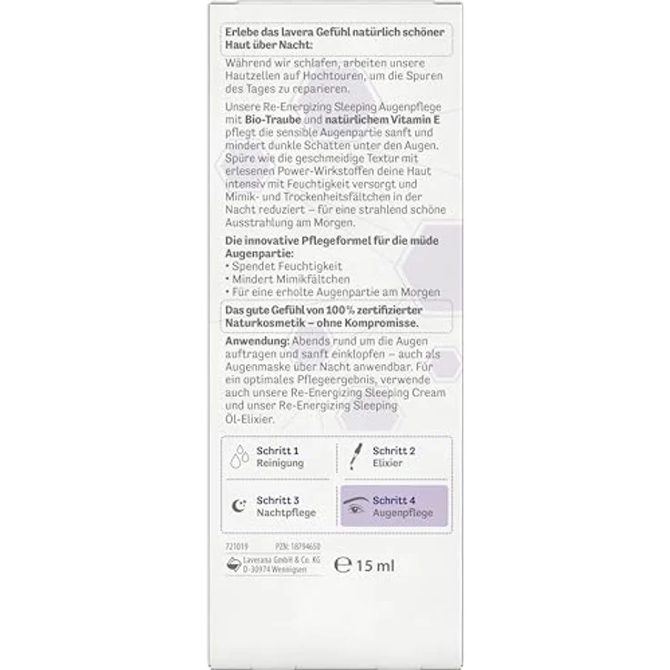 lavera Re-Energizing Sleeping Augenpflege - reduziert Mimikfältchen - natürliche Zellerneuerung - feuchtigkeitsspendend - vegan - Naturkosmetik - 15 ml – Bild 5