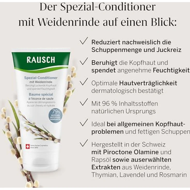 RAUSCH Spezial-Conditioner mit Weidenrinde 150 ml – ausgleichende Pflege bei fettigen Schuppen & juckender Kopfhaut – vegan & silikonfrei, mit Weidenrinden-Extrakt, hergestellt in der Schweiz – Bild 3