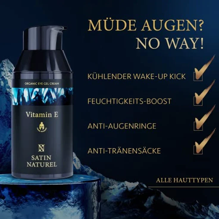 BIO Augencreme Männer 30ml - Augen Lifting Booster mit Vitamin E + Aloe Vera + Hyaluron - Augenringe entfernen Soforteffekt - Anti Augenringe Herren - Eye Cream Vegan - Satin Naturel – Bild 2