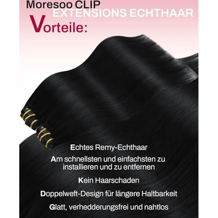 Moresoo Clip in Extensions Echthaar Tiefschwarz, 40 cm, 7 Stück, 120g, unsichtbare Haarverlängerungen für voluminöses Haar – Bild 2