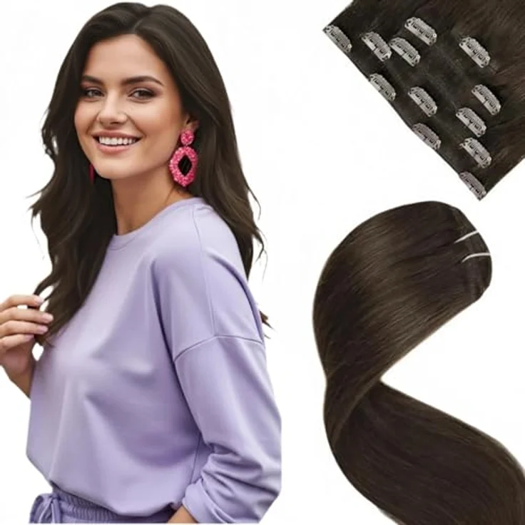 LaaVoo Clip-In-Haarverlängerung, Echthaar, dunkelbraun, #2, 5 Stück/80 g, 45 cm, mit doppelter Tresse – Bild 1